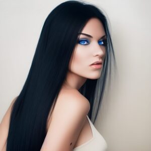 a beautiful woman with long black hair and blue eyes